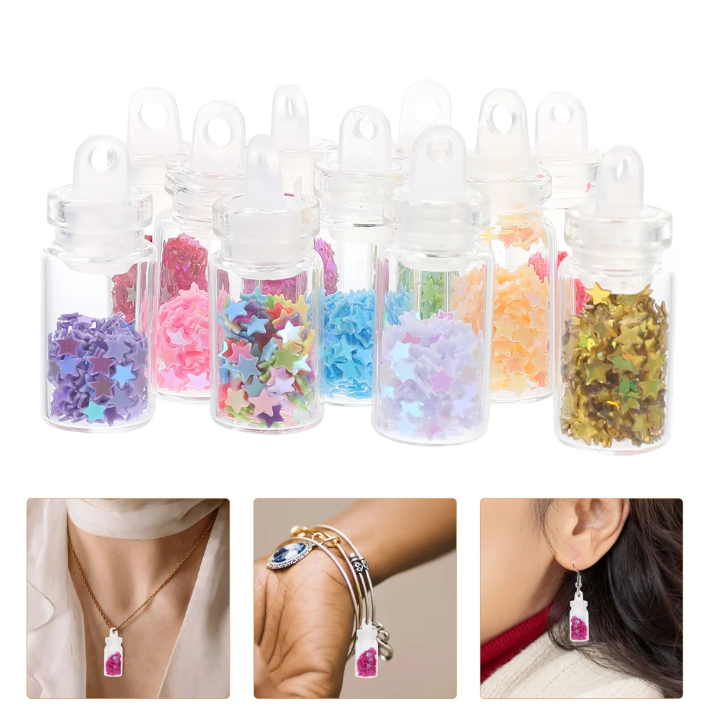 50pcs Colorful Mixed Glass Bottle Charms with Tiny Shiny Star Sequins Pendants