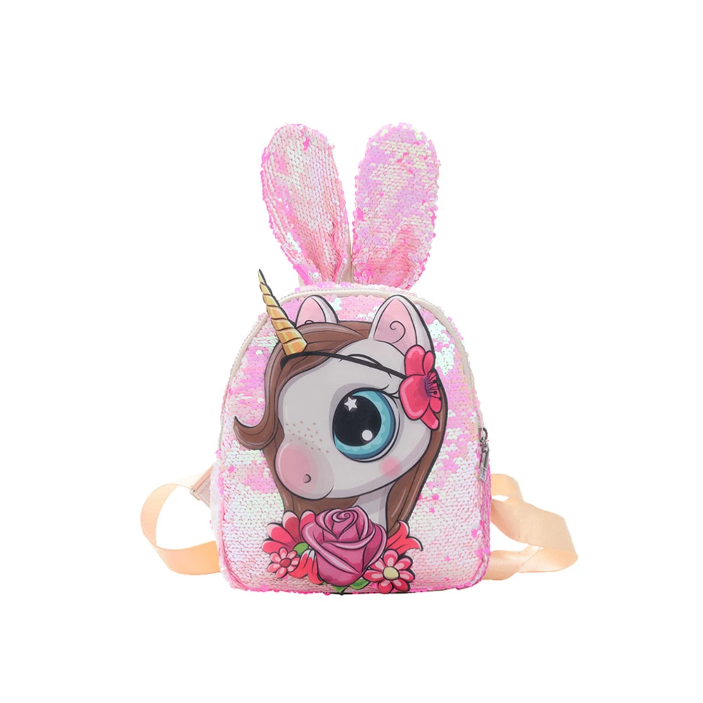 Pink Unique Shiny Girls Backpack Sequin Unicorn Design Satchel Adorable Rabbit Ear Bookbag Travel School Bag with Light for Kids Girls