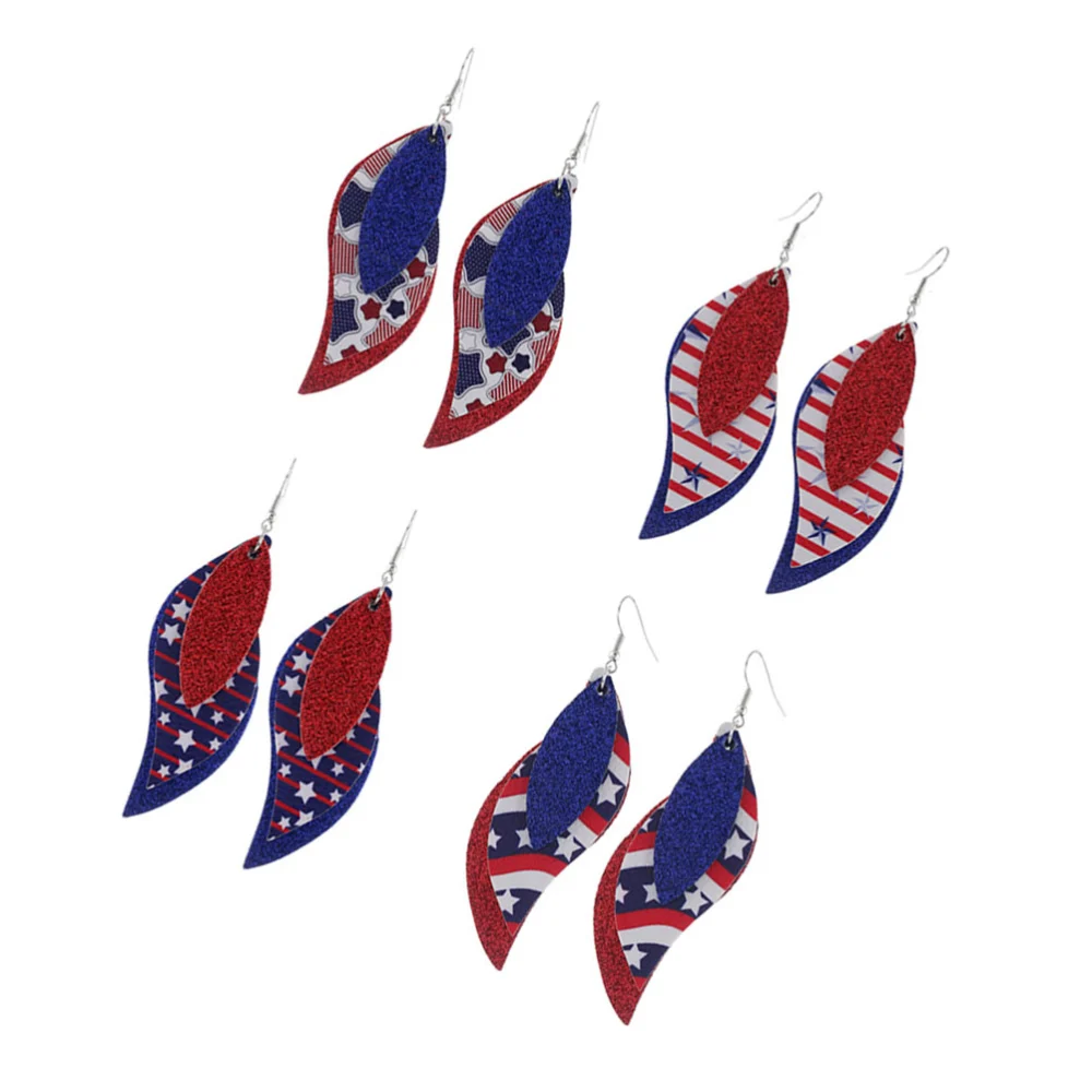 4 Pairs Double Layer Earrings Independence Day Ear Stud Flag Design PU Leather Earbobs Jewelry Pentagram Dangler Decor for Lady Girl American National Day(4 Pattern)