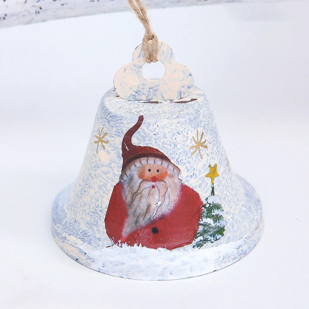 2 Pcs Christmas Iron Hanging Bell Santa Claus Pattern Bell Christmas Tree Hanging Pendant Decorative Props with Hemp Rope(White)