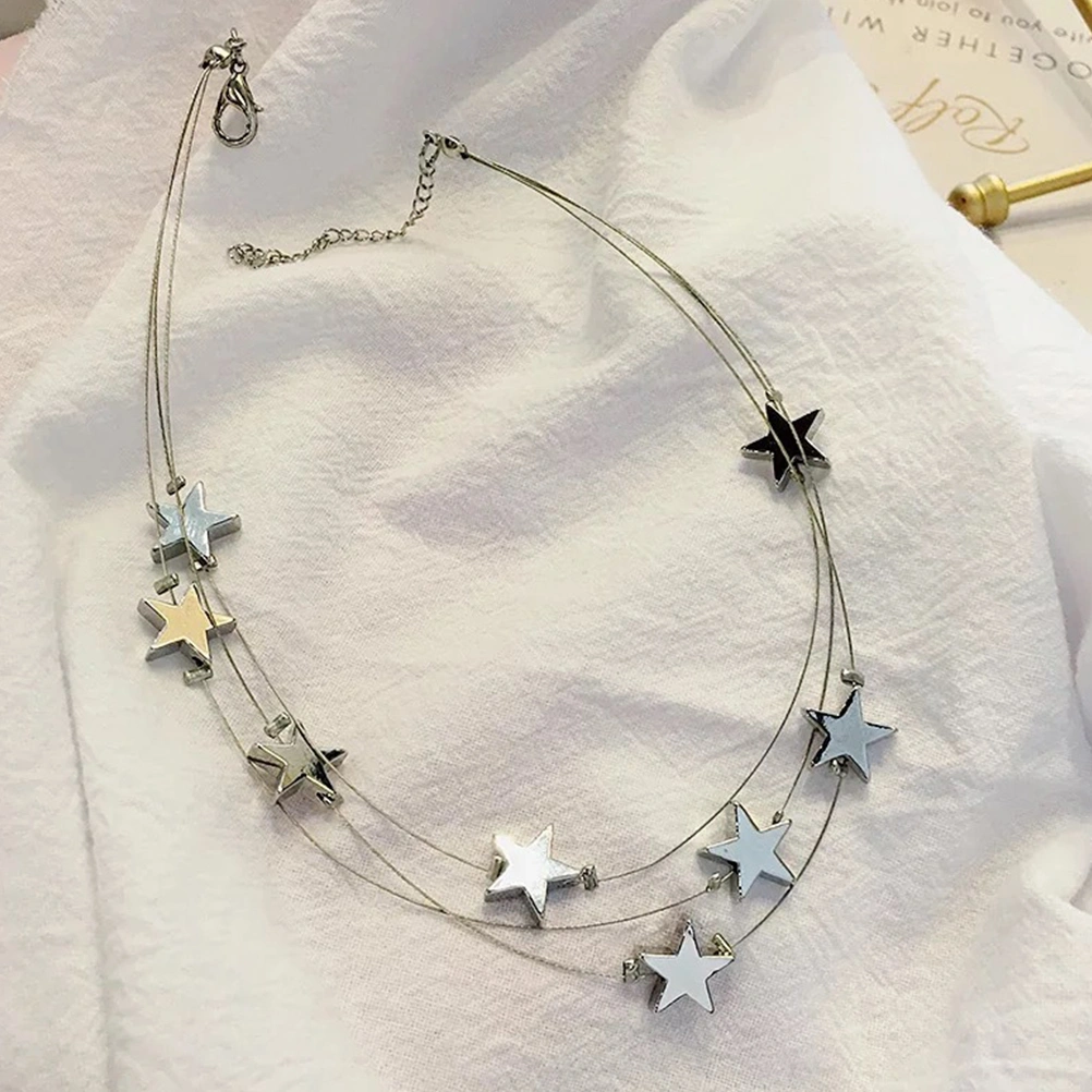 Multi-layer Stars Pendant Neckband Neck Chain Neck Jewelry Collar Choker Short Necklace Female Clavicle Chain for Women (Silver)