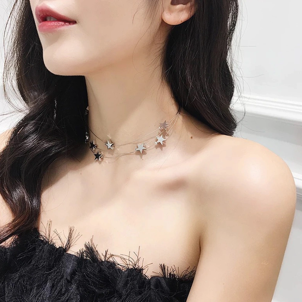 Multi-layer Stars Pendant Neckband Neck Chain Neck Jewelry Collar Choker Short Necklace Female Clavicle Chain for Women (Silver)