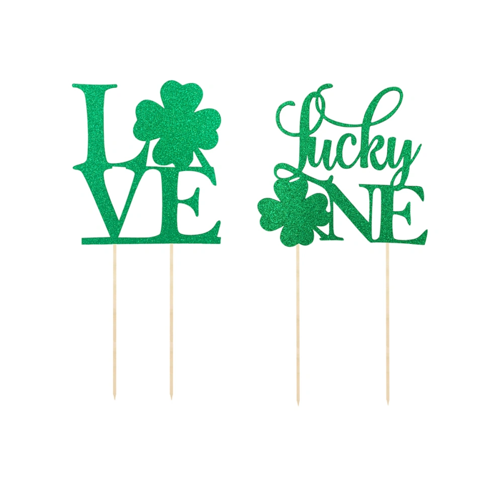 2pcs Shamrock Love One Cake Toppers Glitter Clover Cupcake Picks Cake Decorations of St. Patrick's Day Birthday Wedding