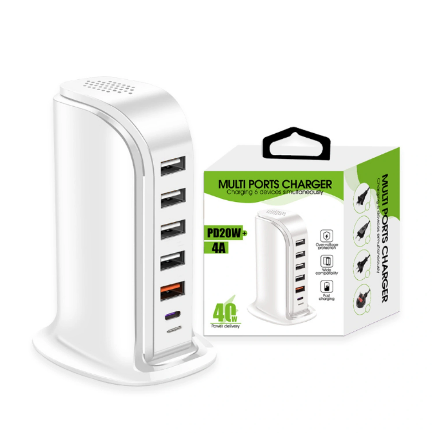 40W Multi Port USB Charger Rapid Charging Station Desktop Travel Hub with UK Plug White