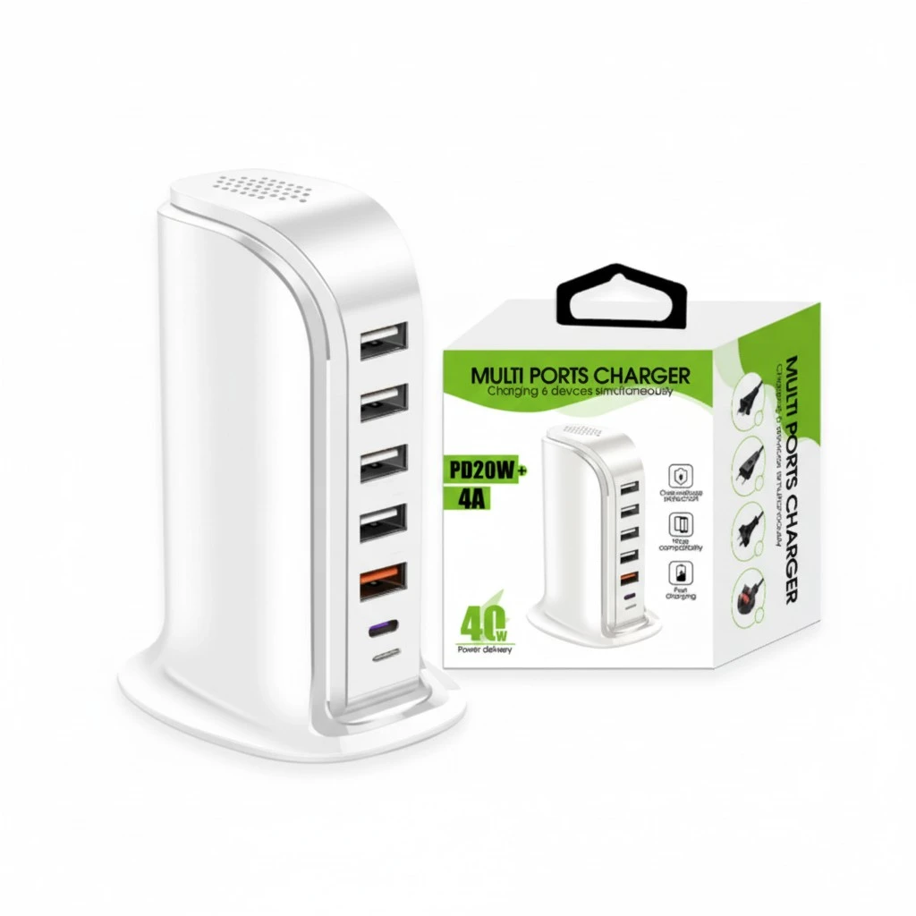 40W Multi Port USB Charger Rapid Charging Station Desktop Travel Hub with UK Plug White