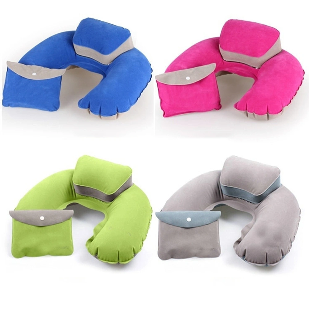 Flocking Pillow Inflatable U shape Air Pillow Durable Head Neck Cushion for Travel Camping Outdoor (Green, with Earplug)