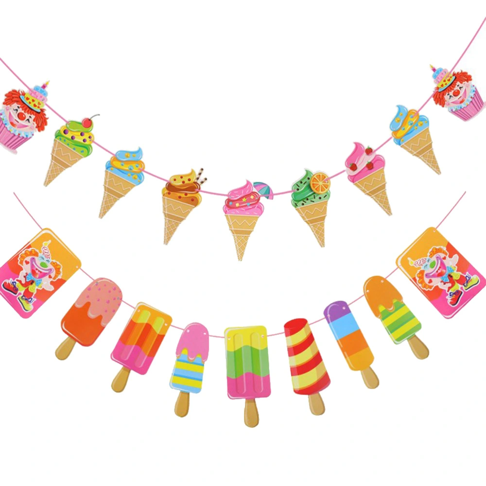 2pcs Cartoon Ice Cream Decorative Paper Banner Flag Summer Party Supplies (Ice Cream and Popsicles)