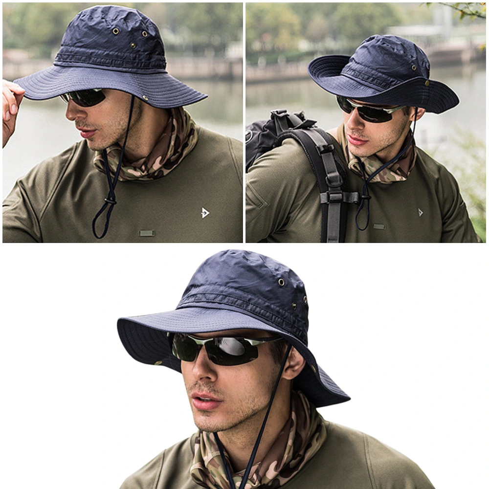 Foldable Fisherman Bucket Wide Brim Adjustable Breathable Sunshade Folding Sports Hat(Dark Blue)