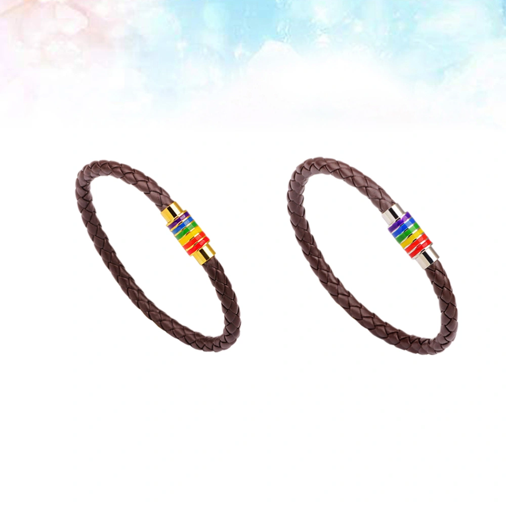 2PCS Gay Knitted Leather Bracelet Color Bracelet Women Decoration Use Bracelet (Brown Silver Buckle + Brown Gold Buckle)