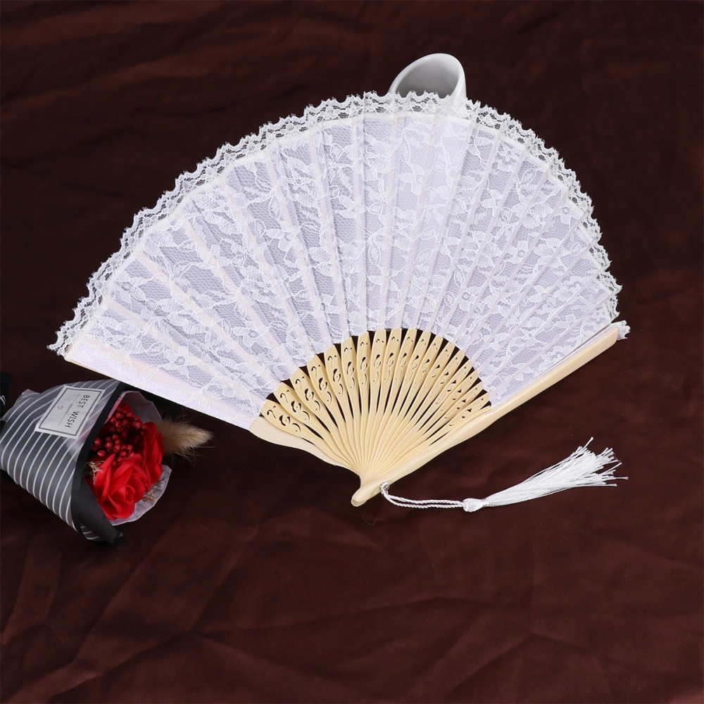 Bamboo Vintage Fan Elegant Handheld Chinese Folding Fan Lace Hand Fans (White)