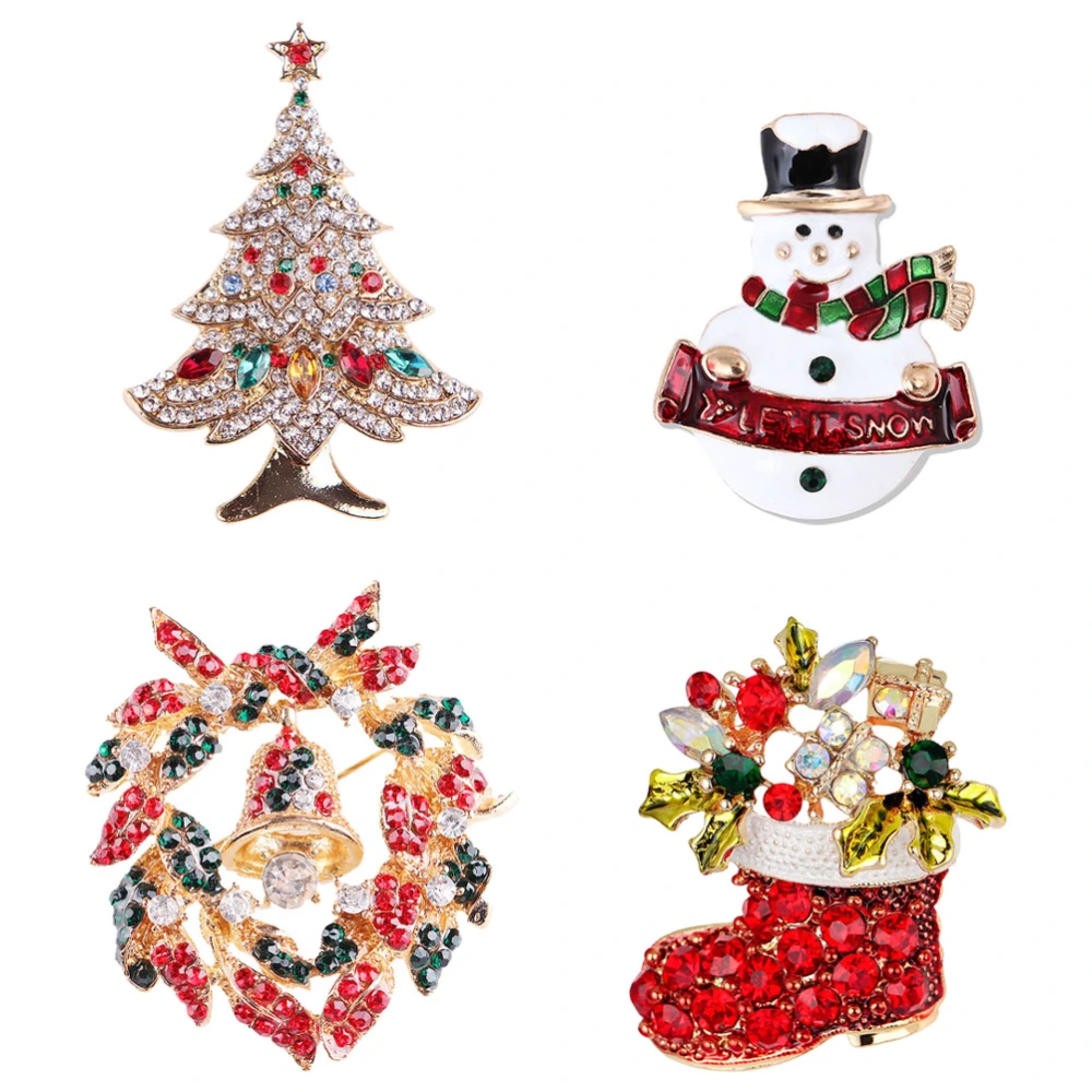 4Pcs Christmas Themed Brooches Adorable Shiny Alloy Badges Xmas Accessories