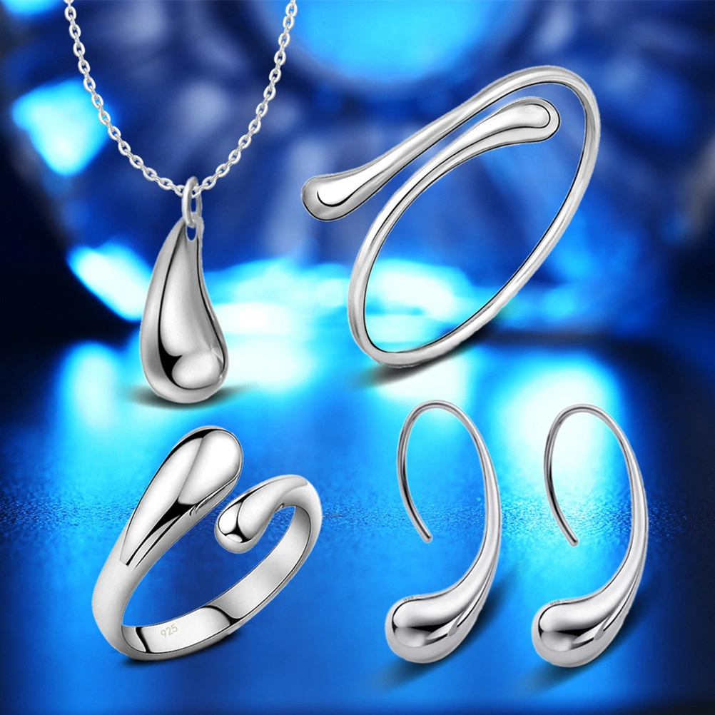 4pcs Necklace Ring Earrings Bracelet Set Silver Teardrop Jewelry Set Charm Jewels