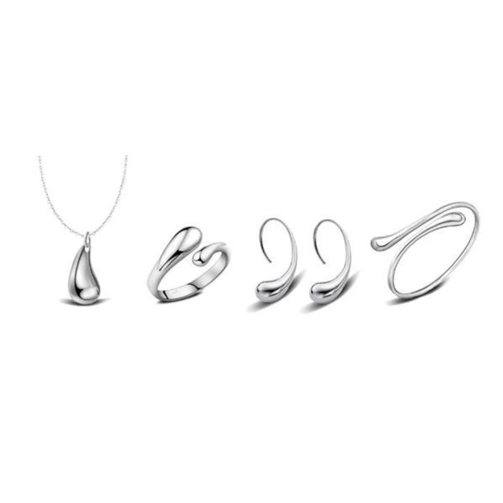 4pcs Necklace Ring Earrings Bracelet Set Silver Teardrop Jewelry Set Charm Jewels