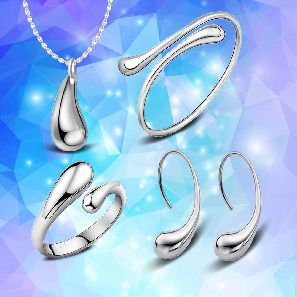 4pcs Necklace Ring Earrings Bracelet Set Silver Teardrop Jewelry Set Charm Jewels