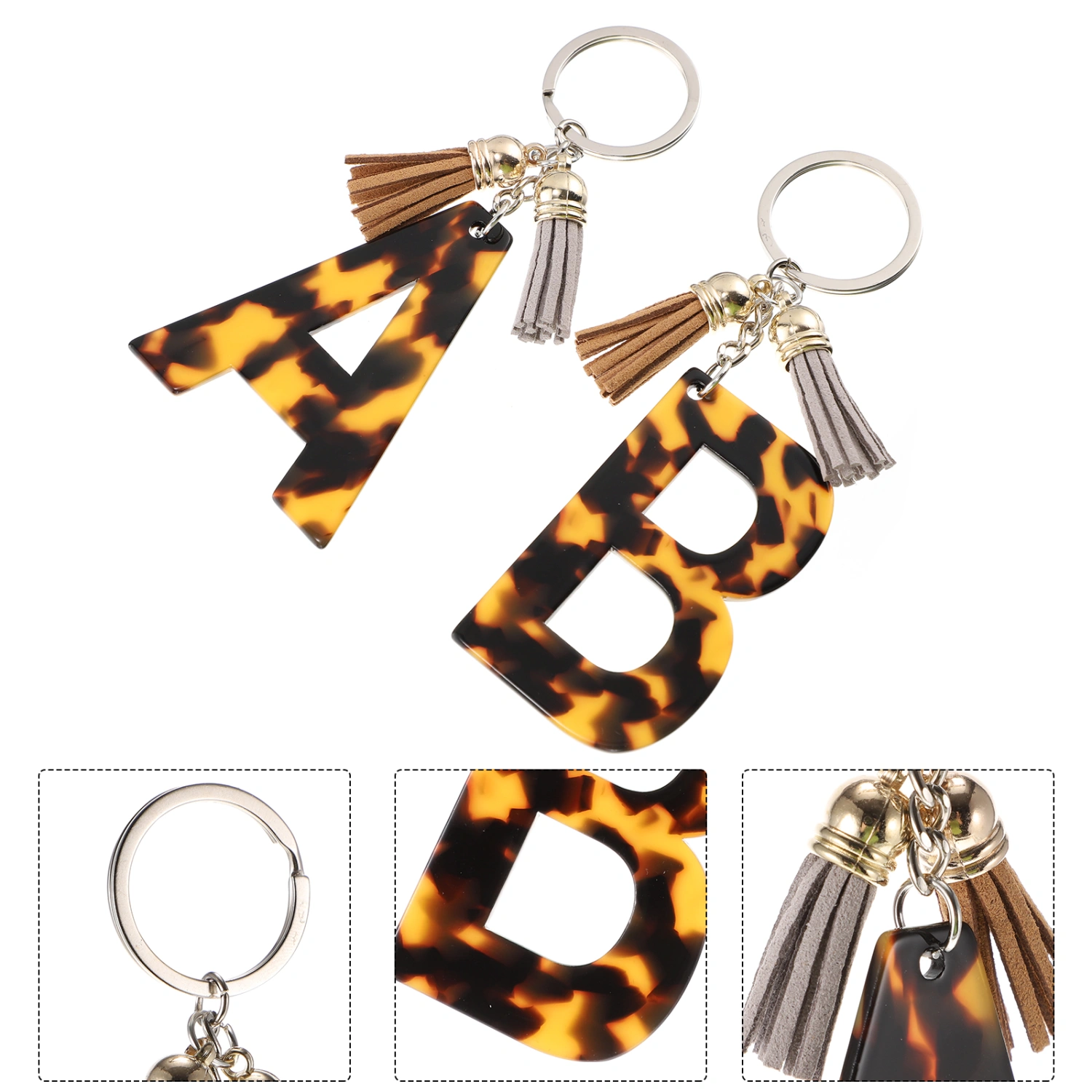 2pcs Leopard Printing Alphabet Key Rings Leopard Alphabet Fringe Pendants