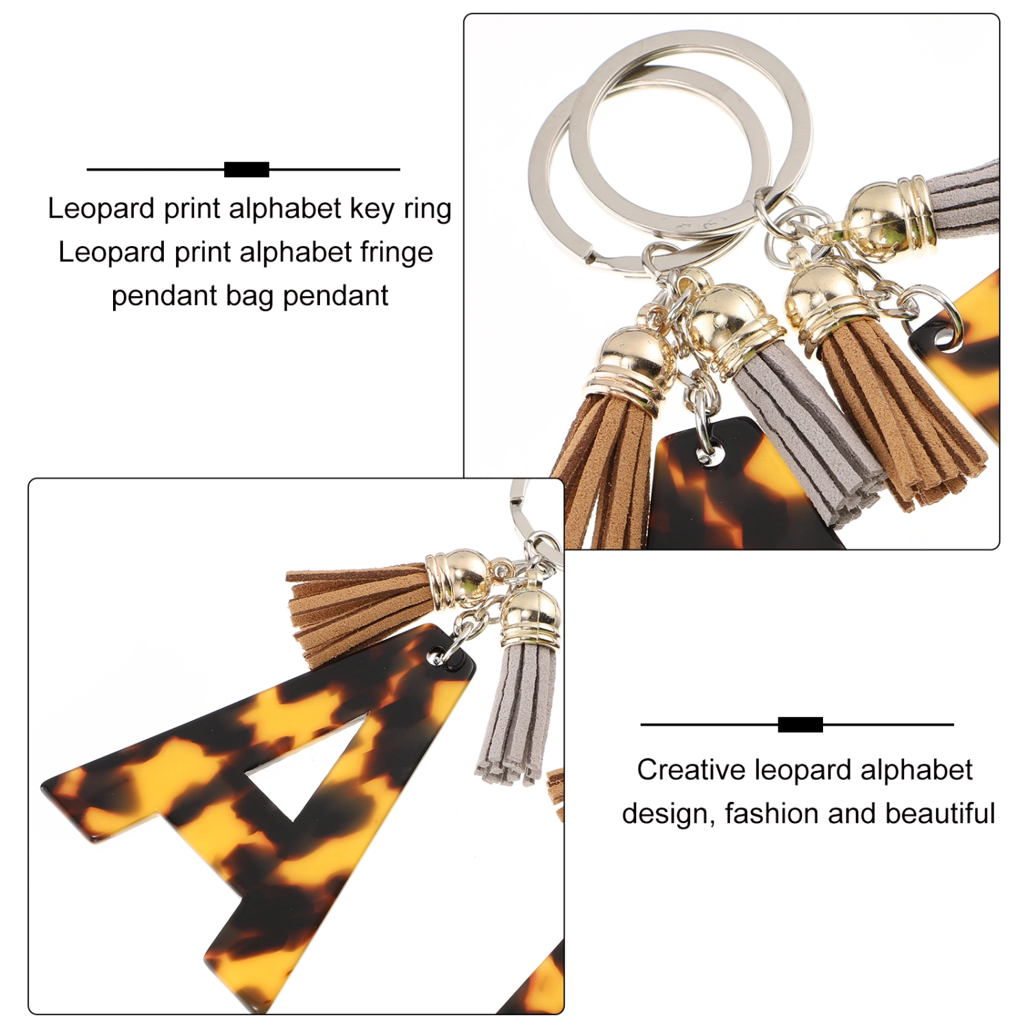2pcs Leopard Printing Alphabet Key Rings Leopard Alphabet Fringe Pendants