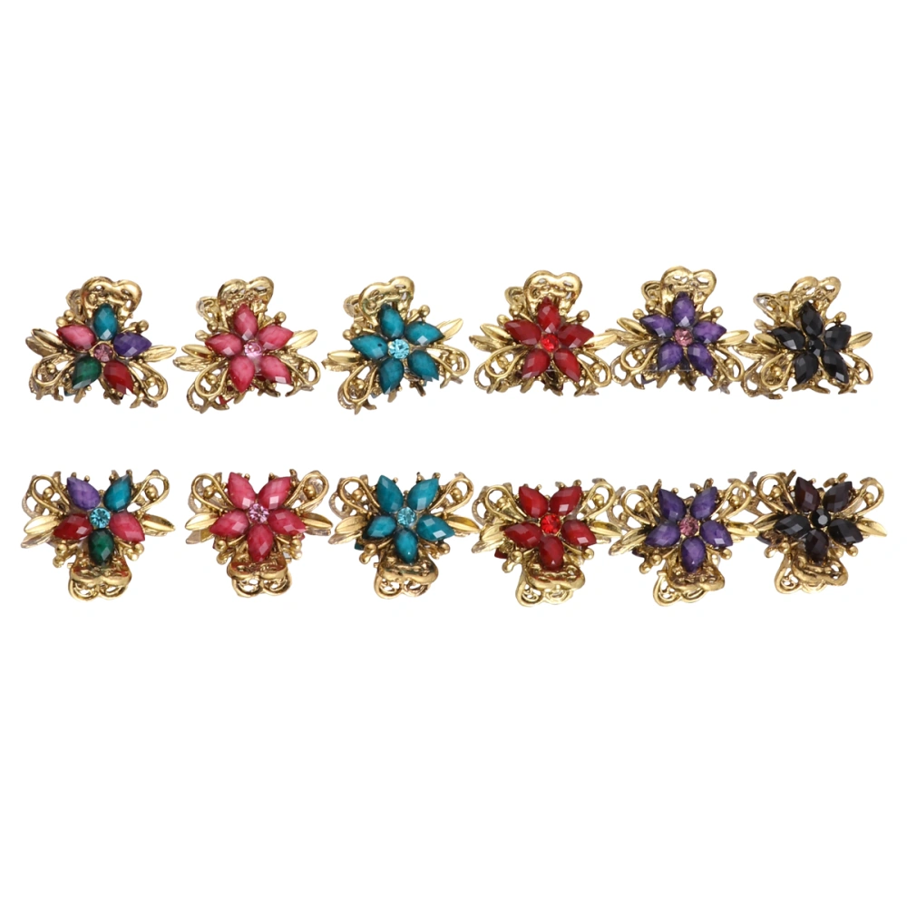 12PCS Vintage Rhinestone Flower Jaw Clip Retro Mini Metal Claw Barrette Grip Hair Accessories for Women Girls