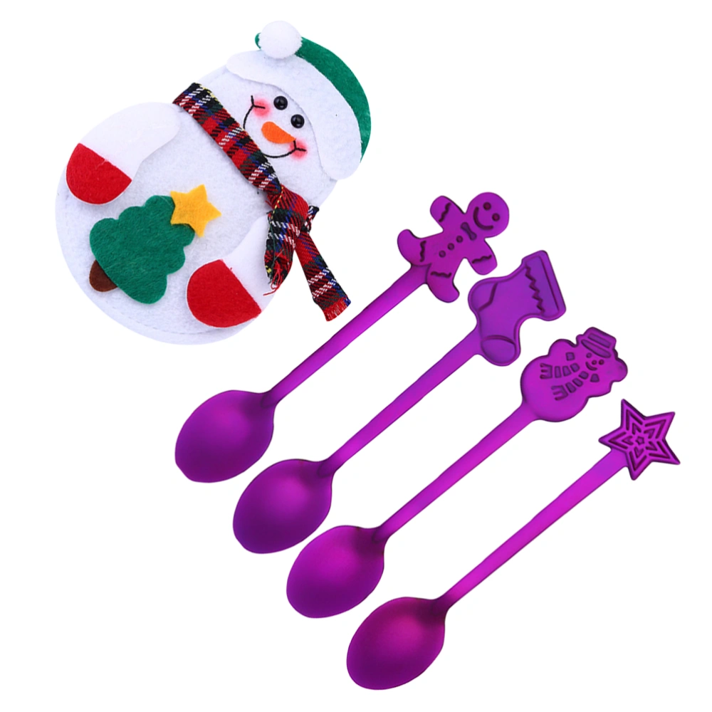 5 Pcs Stainless Steel Spoons and Packing Bag 4-Pieces Portable Christmas Spoons Food Dessert Serving Spoons Coffee Tea Spoons for Christmas Xmas Party (Purple)