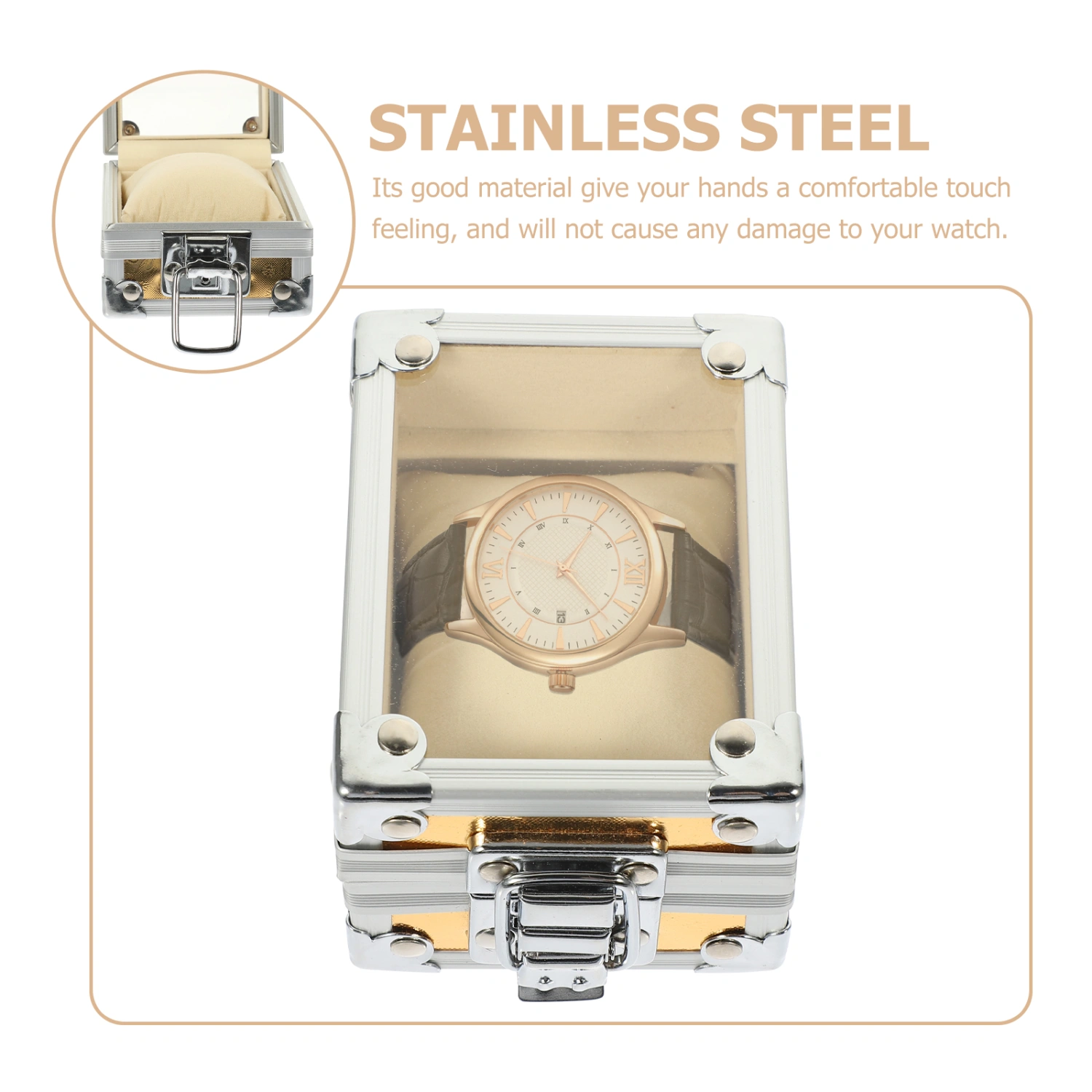 Single Grid Wrist Watch Box Stainless Steel Watch Box Case with Clear Lid