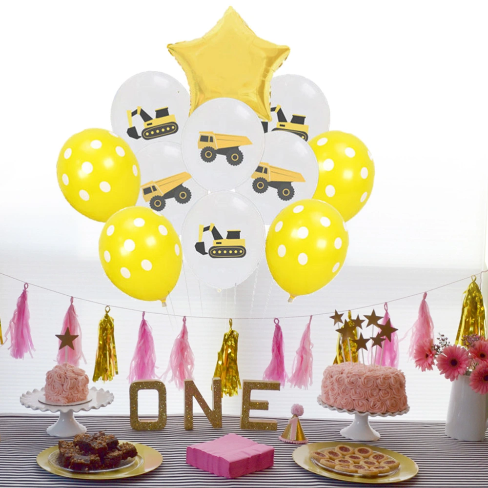 22pcs 12 Inch Balloons Set Colored Excavator Truck Balloons Polka Dot Latex Balloon and 18 Inch Star Foil Balloons Set Baby Birthday Party Decorative Balloons with a Roll Ribbon