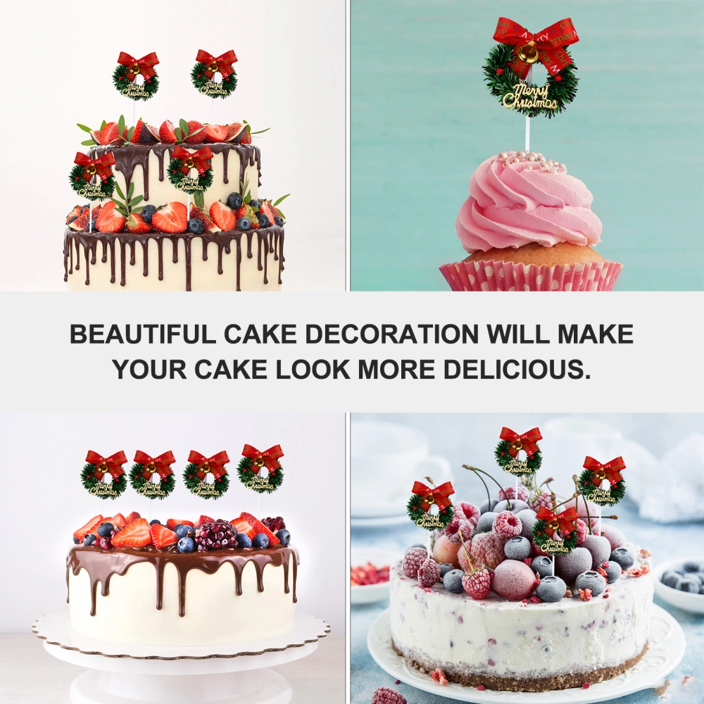 10Pcs Christmas Wreath Shaped Cake Topper Bowknot Bell Baking Insert Decor