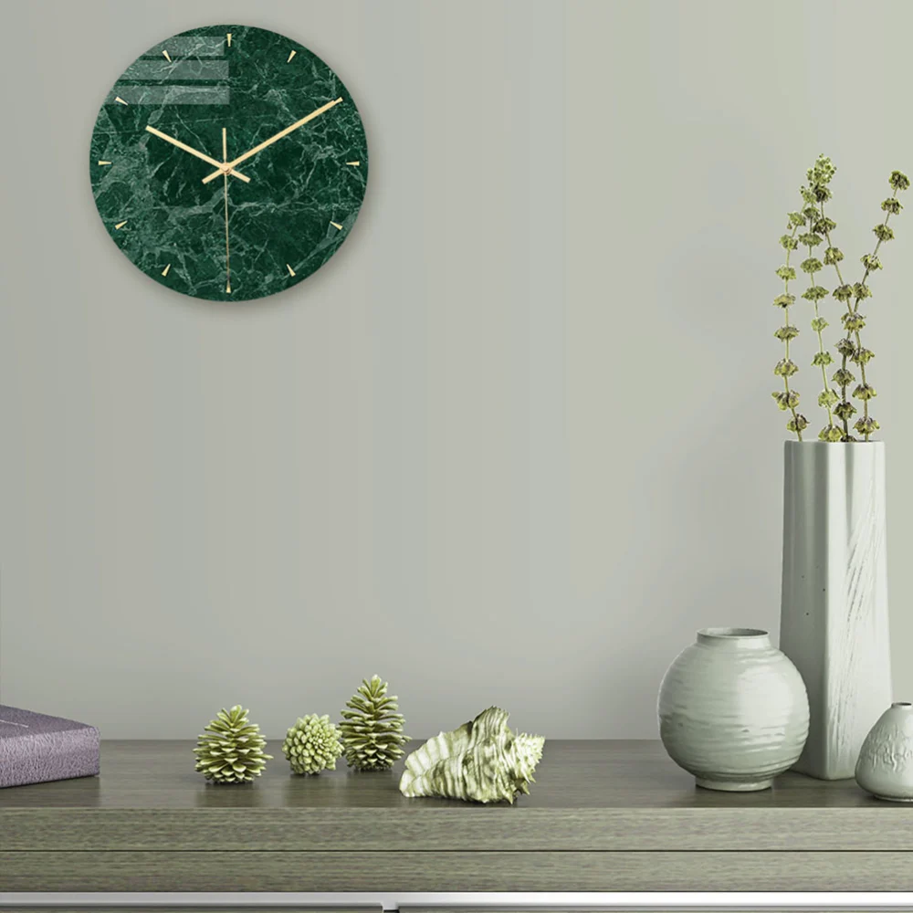 1pc Novel Marble Wall Clock Printing Wall Clock Green Round Modern without Battery for Home Decor