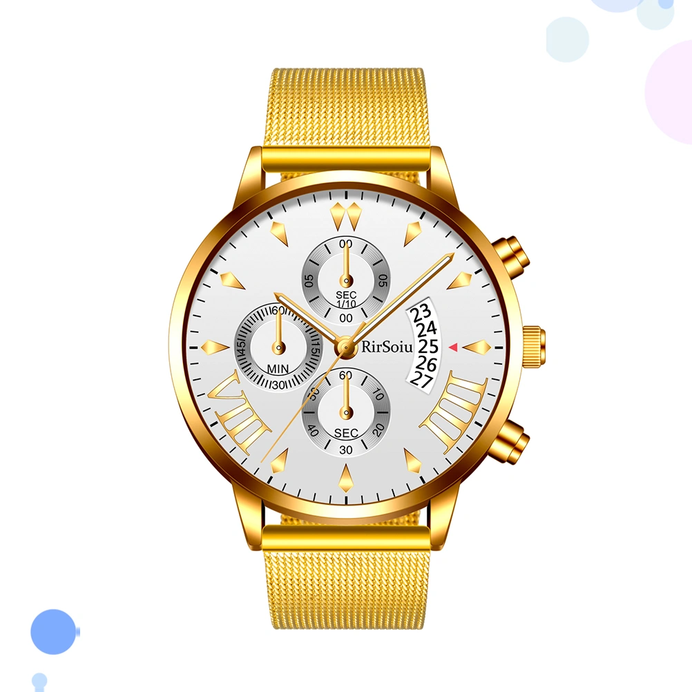 Mens Watches Waterproof Fashion Five Calendar Watch Three-eye Quartz Watch (Golden)