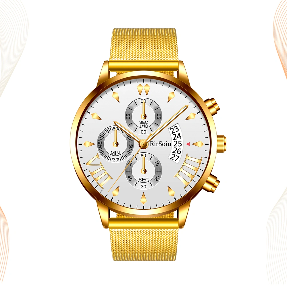 Mens Watches Waterproof Fashion Five Calendar Watch Three-eye Quartz Watch (Golden)