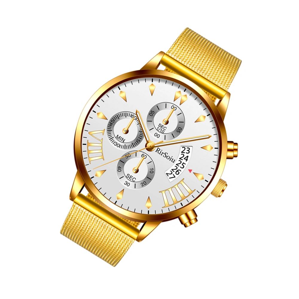 Mens Watches Waterproof Fashion Five Calendar Watch Three-eye Quartz Watch (Golden)