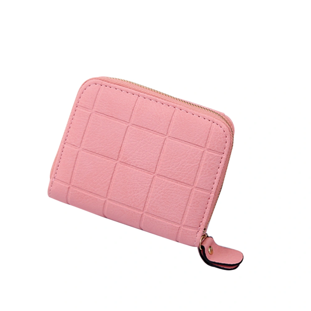 Women Girl Plaid Zipper Wallet PU Leather Mini Purse for Cards Keys Coins Small Change Holding (Pink)