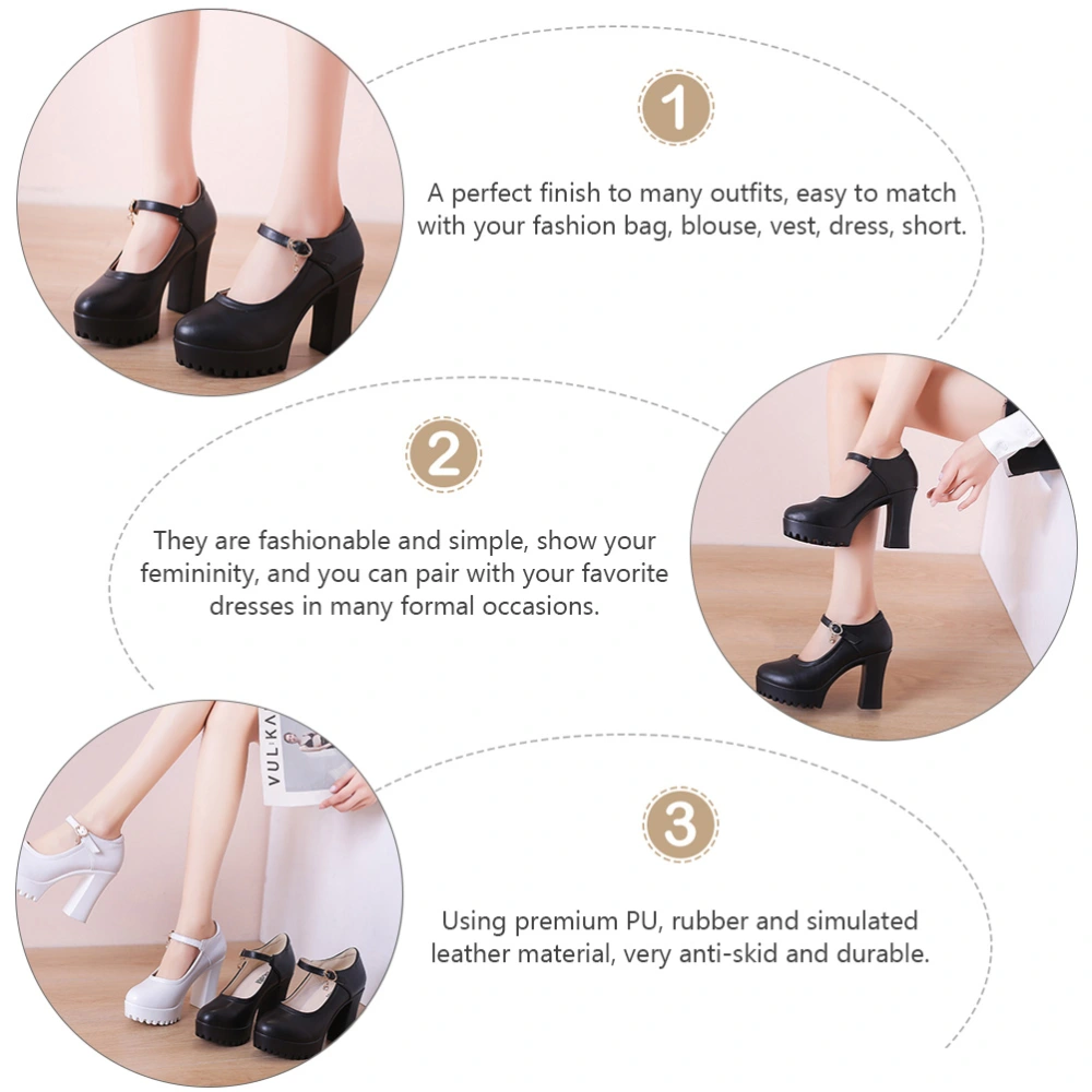 1 Pair Round Head Low Mouth High Heels Stylish Female High-heeled Shoes (Black)