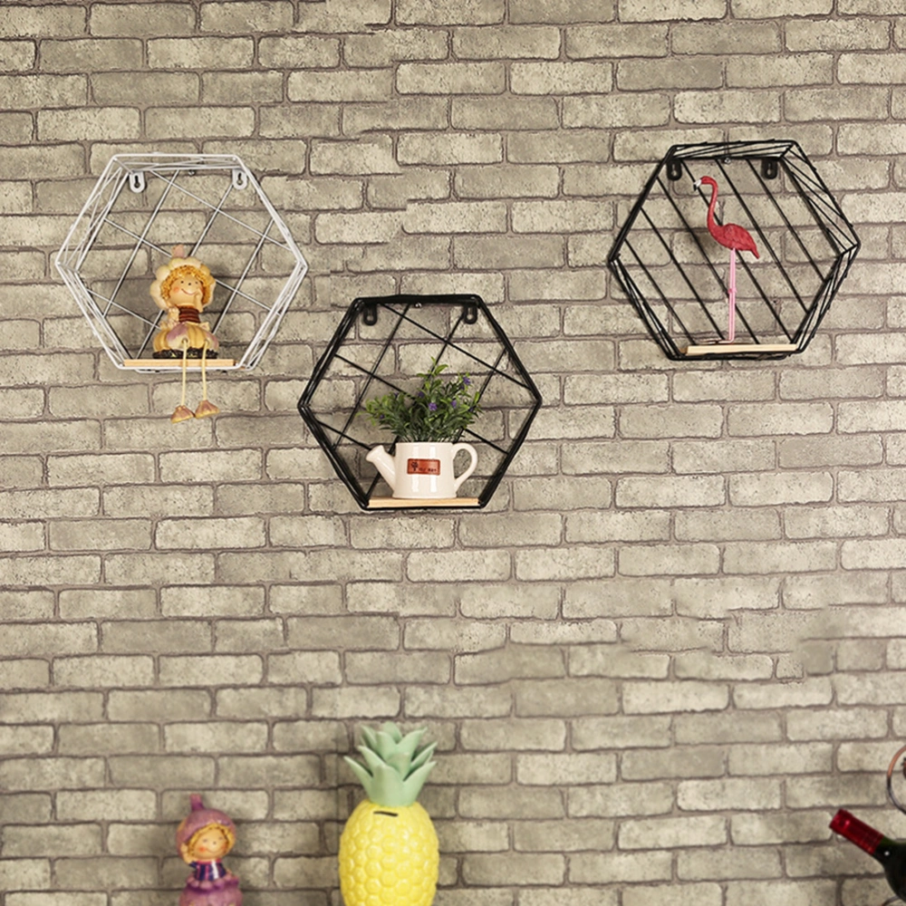 Iron Hexagonal Mesh Wall Storage Rack Metal Hanging Wall Display Shelf Holder Home Bedroom Decoration - Size S (White)