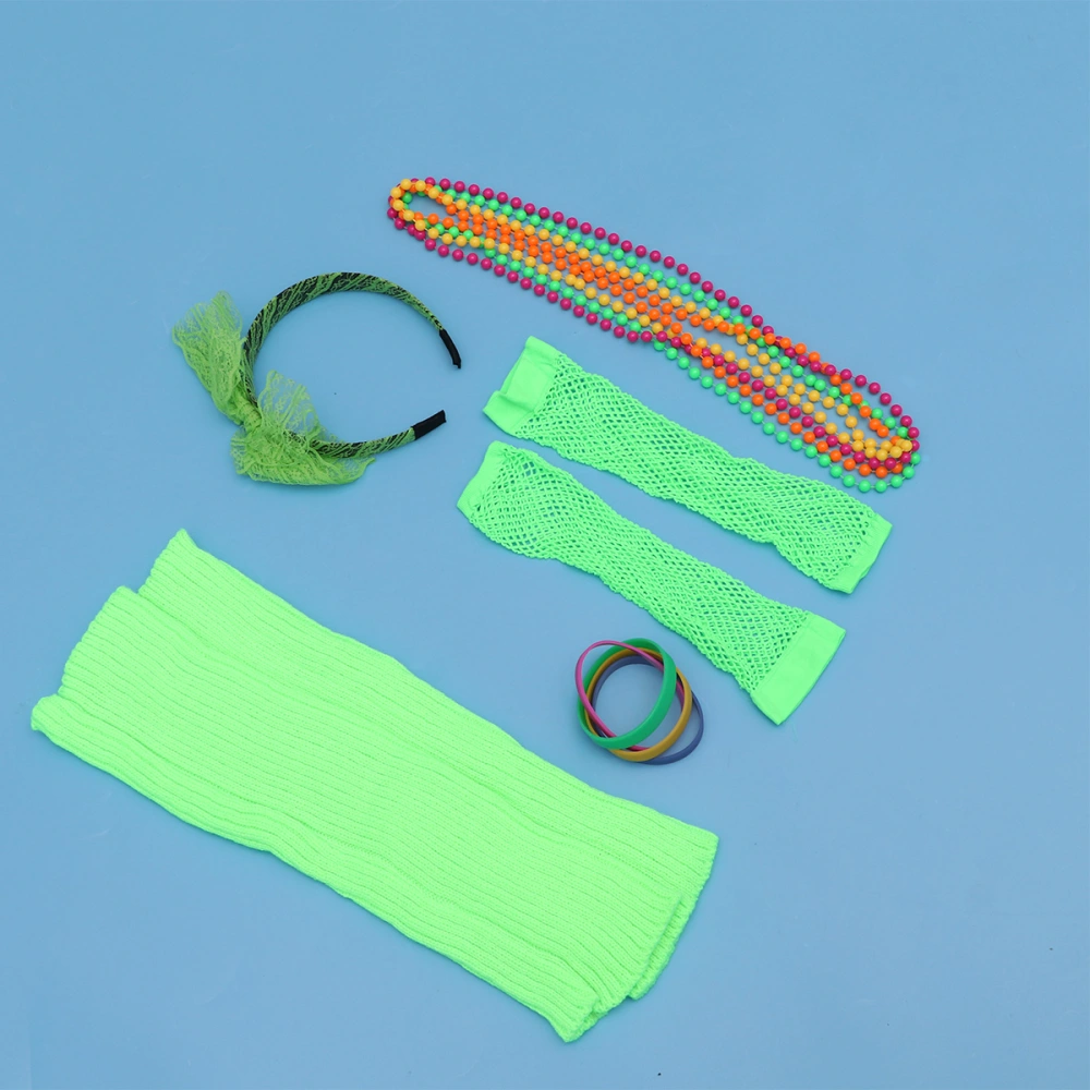 80's Neon Headband Necklace Wristband Fingerless Fishnet Gloves Leg Sleeves for 80's Party (Light Green)