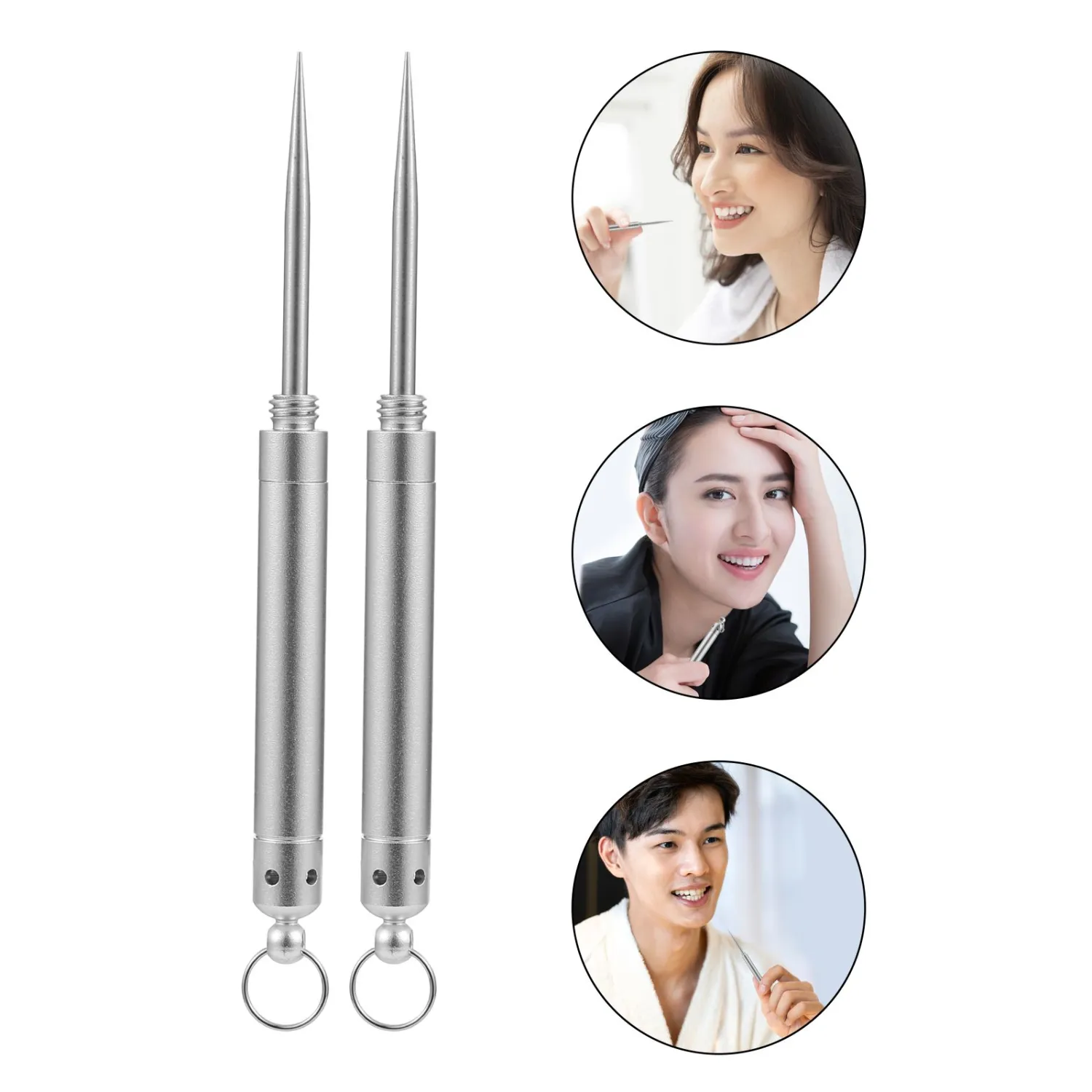 2Pcs Stainless Steel Toothpick with Holder Keychain Pendant Oral Care Cleaner