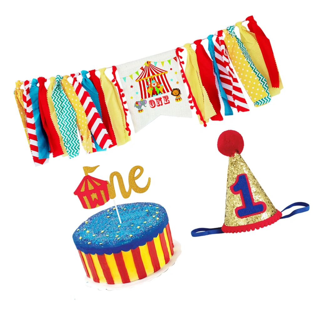 1 Set of 3pcs One-year-old Dining Chair Flag Circus Birthday Party Banner Cartoon Printing Hanging Banners High Chair Pull Flags Cloth Brithday Party Bunting for Home Store Decor Use Random Accessory Style