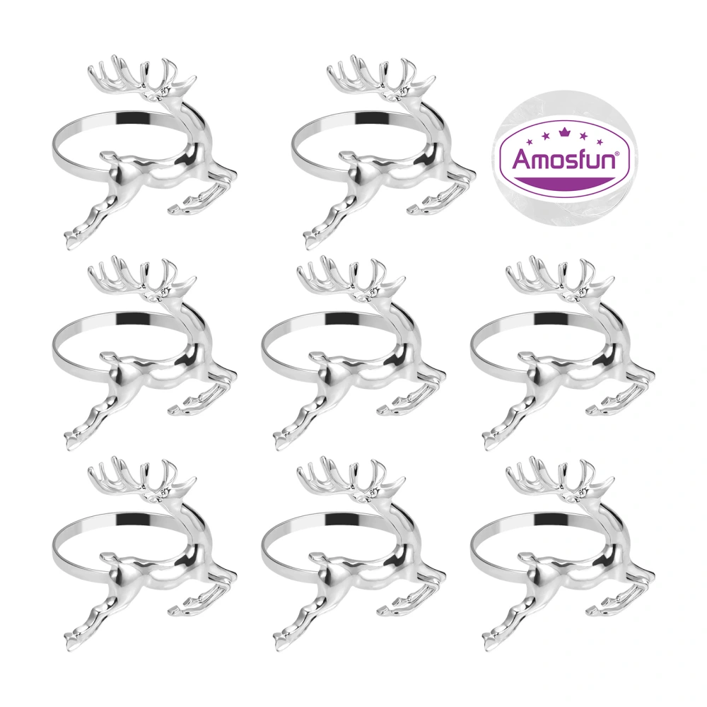 Amosfun 8 PCS Elk Deer Napkin Rings Table Decorative Ornament for Christmas Wedding Parties Everyday Use (Silver)