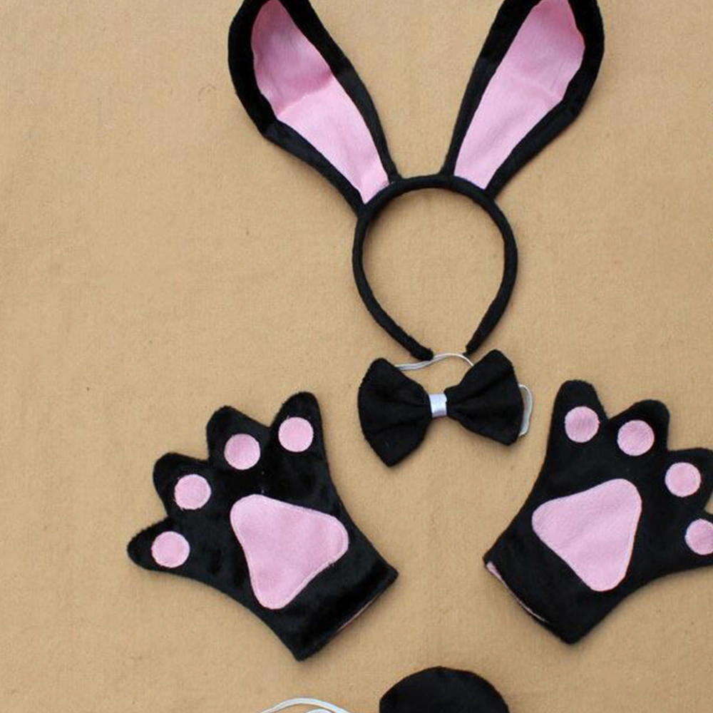 1 Set of Rabbit Shaped Hair Hoops Bow Tie Adorable Tail Kids Gloves Rabbit Themed Cosplay Costume Party Supplies Size 2 Black