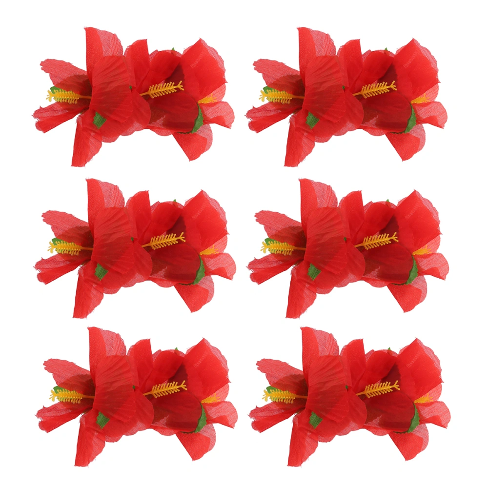 6Pcs Hawaiian Flowers Hair Clips Bridal Barrette Tropical Beach Wedding Hibiscus Flower Women Party Hairclip Hairpin Accessories (Red)