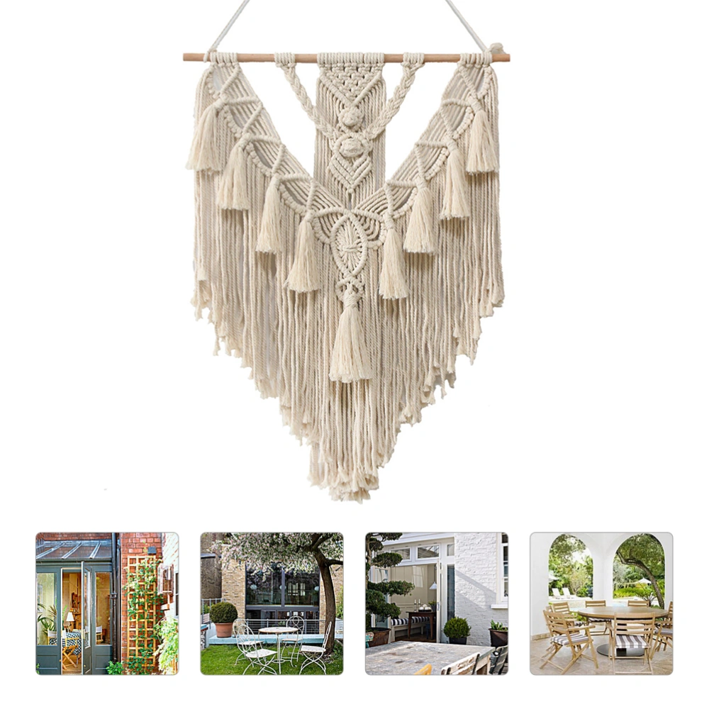 1pc Bohemian Style Tassel Tapestry Hanging Carpet with Wooden Stick Wall Decor