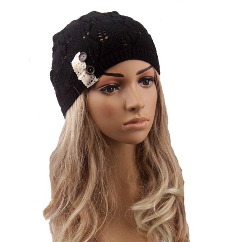 Women Modern Lace Button Leaves Hollow Out Knitting Hat Fashion Accessories Winter Hats (Black)