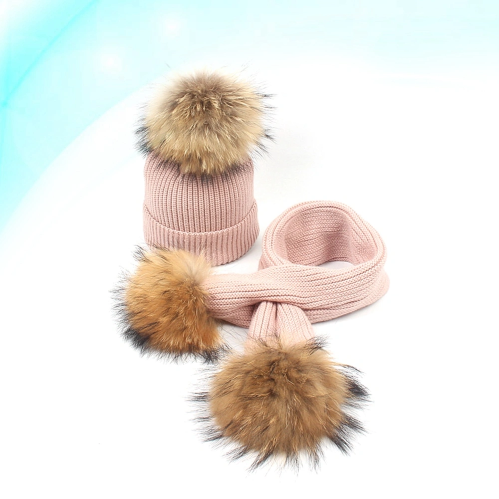 2PCS Children's Hat and Scarf Warm Autumn Winter Scorpion Hair Ball Thickening Baby Girls and Boys Hat Scarf Set (Pink)