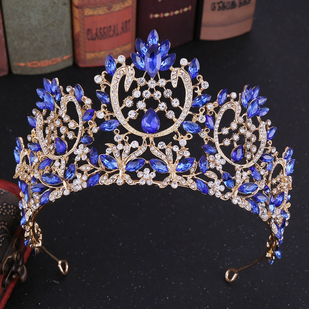 1pc Baroque Style Luxurious Crown Vintage Alloy Rhinestone Inlaid Hair for Bride (Blue)