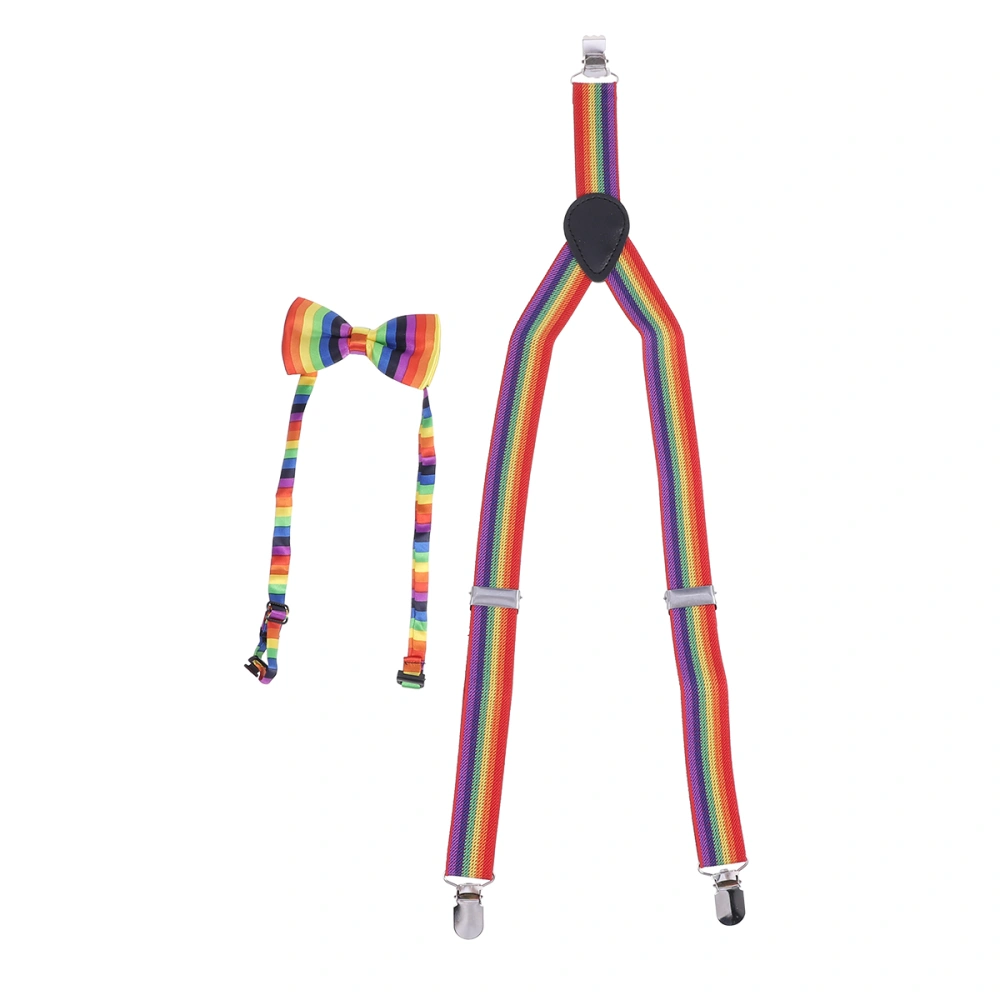 Elastic Band and Rainbow Color Striped Tie Adjustable X Back Elastic Suspenders Unisex Rainbow Party Accessory (65x2.5cm)