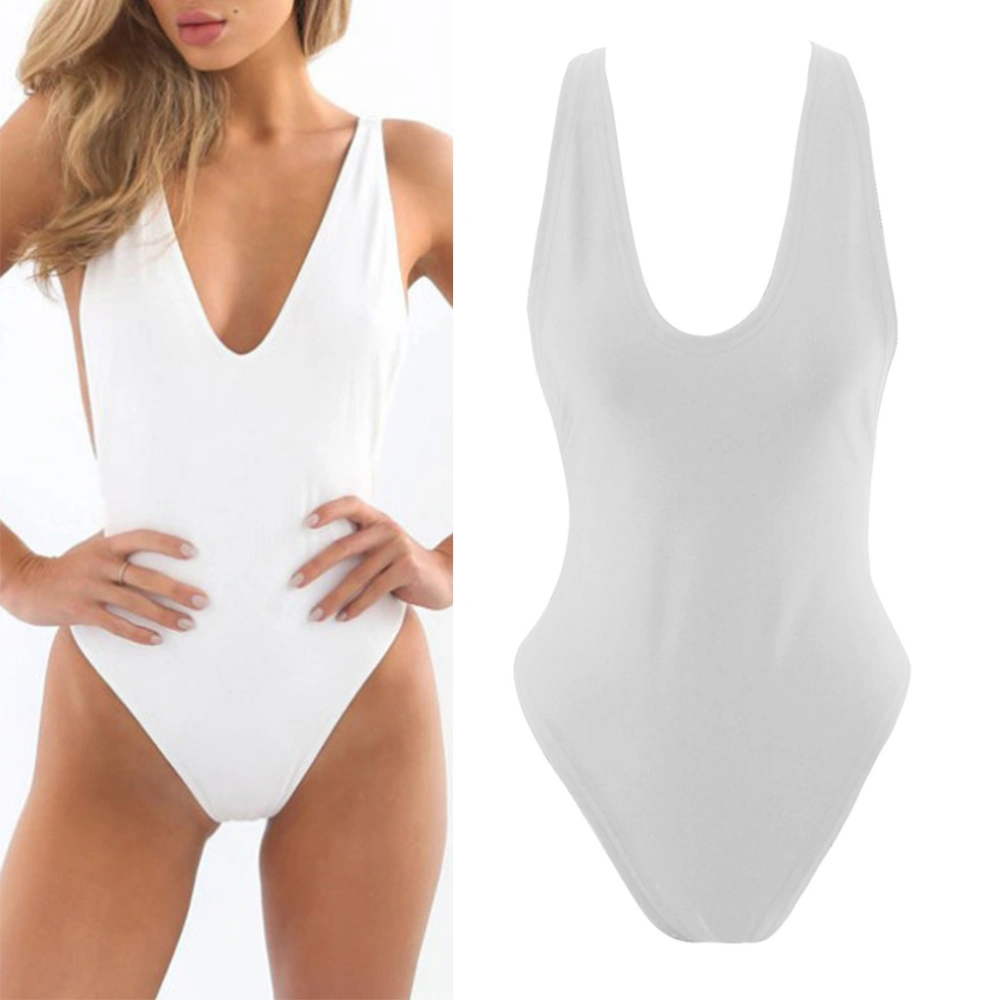 One Piece Simple Sexy Backless Deep V Neck Bodysuit Solid Monokini Hollow Out Swimsuit Summer Style Beachwear Women Bathing Suit - Size L (White)