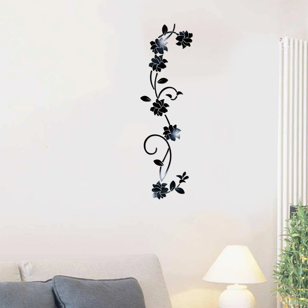 Flower Rattan Acrylic 3D Crystal Mirror Wall Sticker Home Porch Background Wall Sticker (Black)