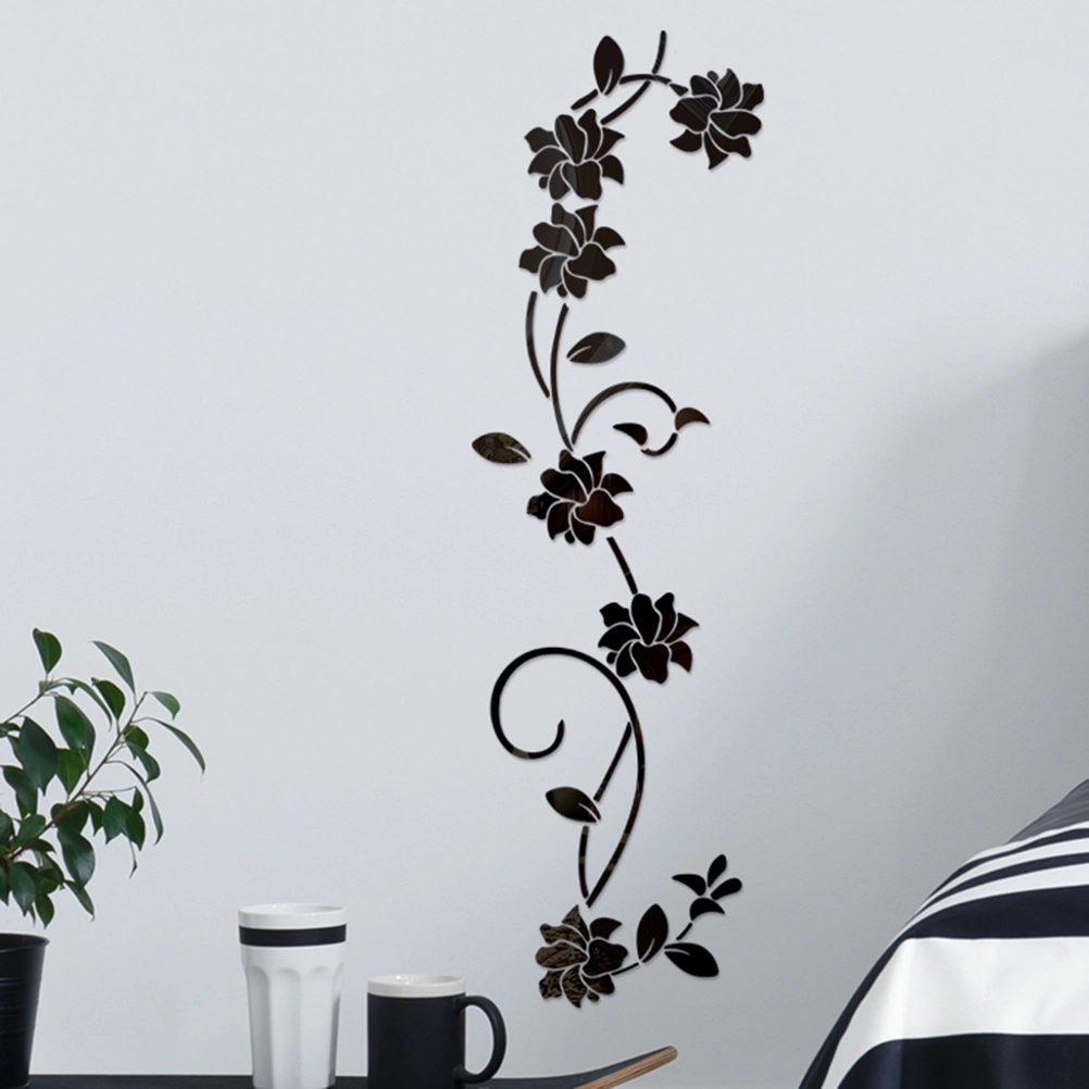 Flower Rattan Acrylic 3D Crystal Mirror Wall Sticker Home Porch Background Wall Sticker (Black)