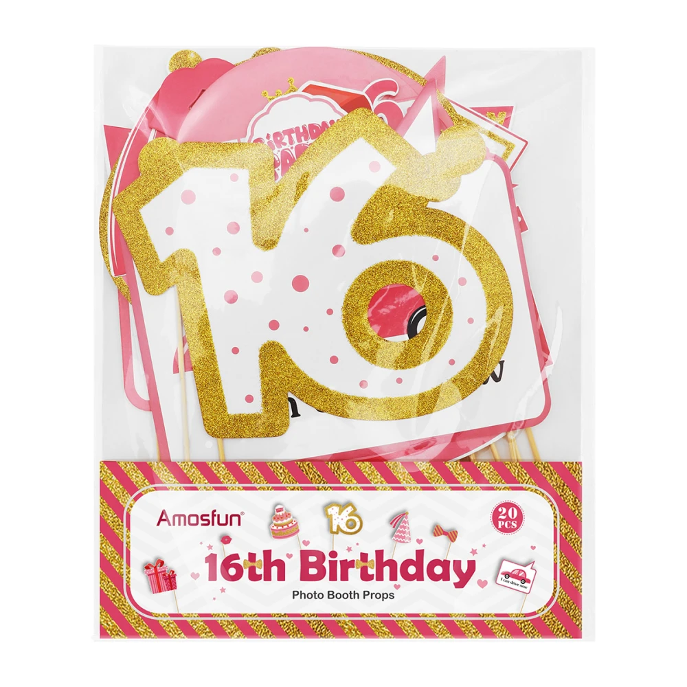 Amosfun 20PCS 16th Birthday Photo Booth Props Party Props Kit Great for 16th Happy Birthday Party Favors Supplies for Girls