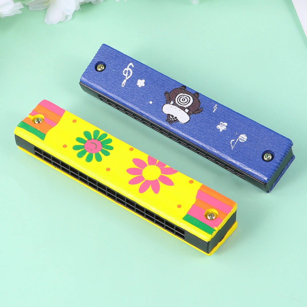 4pcs Kid Mouth Organ Children's Wooden Harmonica Toys Colored Drawing Double Rows Enlightenment Early Educational Musical Instruments for Girl Boy (Random Pattern, 16 Holes)