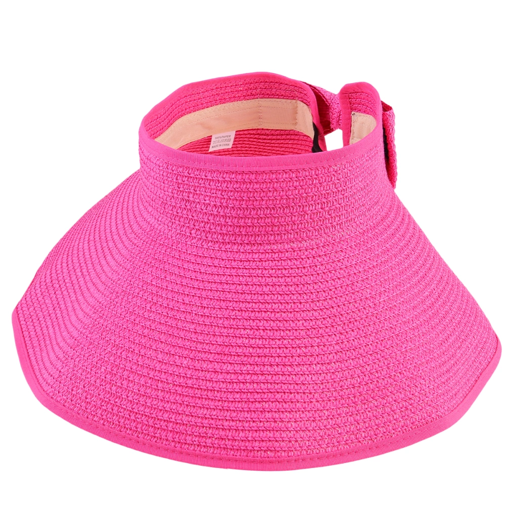 1pc Hollow Sunhat Wide Brim Caps Foldable Roll Summer Beach Straw Hat Anti UV Topee (Rosy)