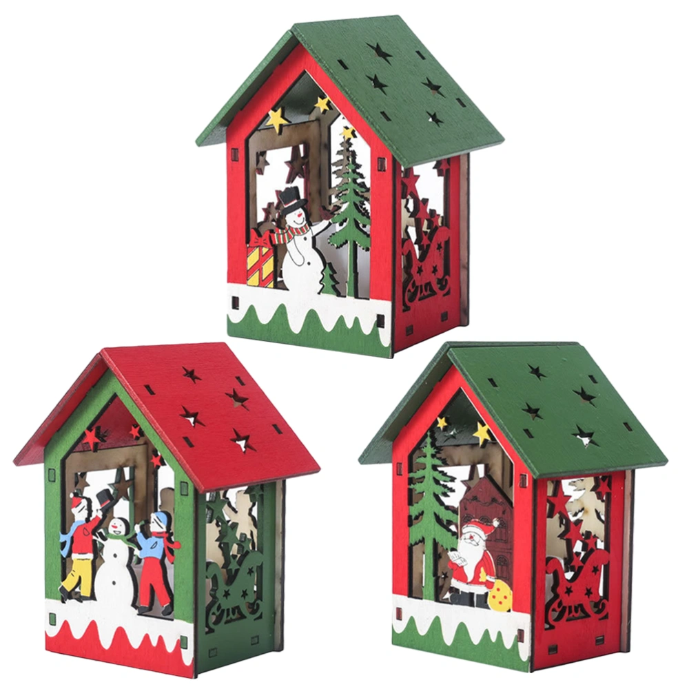 3Pcs Christmas Wooden House Luminous Wood House Christmas Tree Pendant